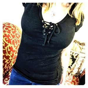 Forever 21 Black Ribbed Lace Up Top S